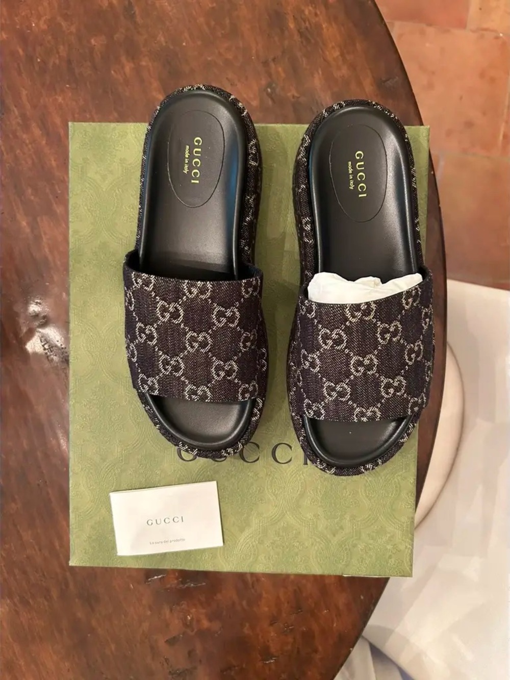 Gucci Monogram Slide Sandals in Dark Brown